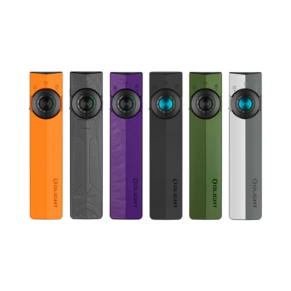 Olight Black ArkPro Protable EDC Light Top-Down View with Blue Rotary Knob and Light/UV Icons for Everyday Carry and Illumination