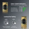 Olight ArkPro Gold Flashlight showing color-coded battery indicators and lockout safety features with button instructions