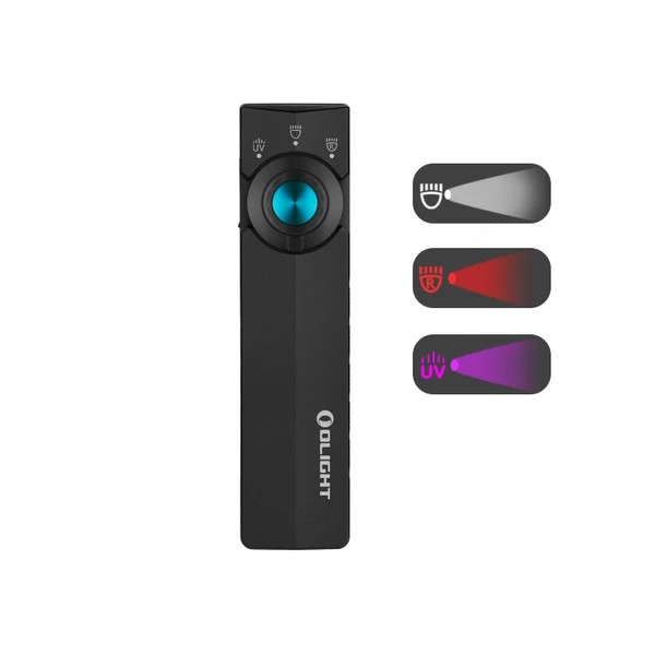 Olight Black ArkPro Multi-Light Flashlight Front View with White, Red, and UV Light Modes for Everyday Carry