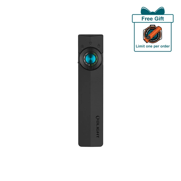 Olight Black ArkPro Protable EDC Light Top-Down View with Blue Rotary Knob and Light/UV Icons for Everyday Carry and Illumination