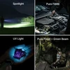 Olight ArkPro Ultra Flashlight four-beam modes showing Spotlight, Pure Flood, UV Light, and Green Beam for outdoor activities