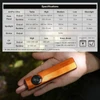Olight Orange ArkPro Ultra Flat EDC Flashlight in Hand with Detailed Specifications Chart for Outdoor Gear Info