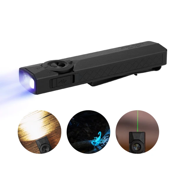 Olight black ArkPro Lite front view with UV, main light, and side light functions for everyday carry.