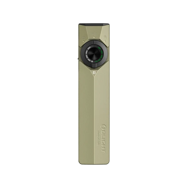 Olight OD Green ArkPro Flat EDC Flashlight Front View with Selector Dial and UV Light Mode for Outdoor Survival