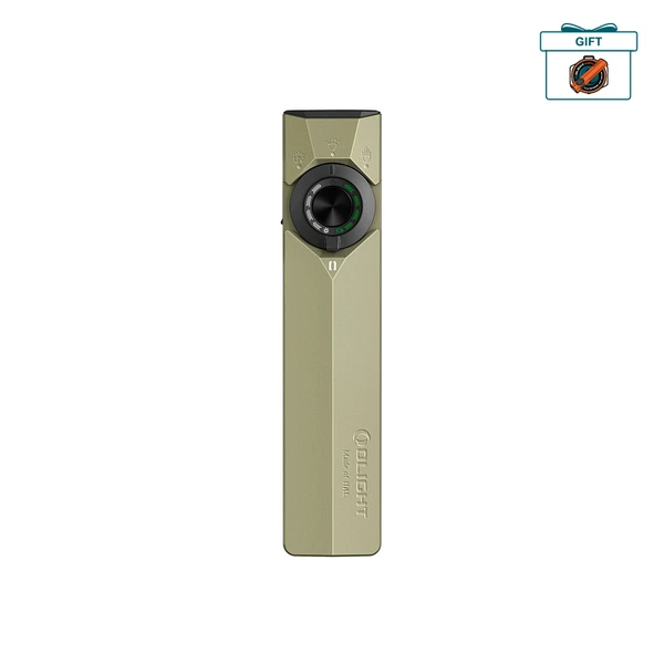Olight Olive Green ArkPro Flat EDC Flashlight Front View with Laser and UV Light for Outdoor Hiking and Everyday Carry