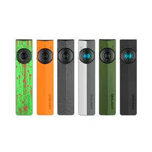 Olight Black ArkPro Protable EDC Light Top-Down View with Blue Rotary Knob and Light/UV Icons for Everyday Carry and Illumination