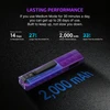 Purple Olight Arkfeld Pro flashlight highlighting its 2000mAh battery capacity and lasting performance specifications.