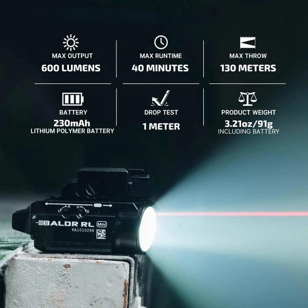 OLIGHT Baldr Mini 600 Lumen Weapon Light - Green Laser & White LED Combo For Pistols, Rechargeable