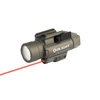Olight tactical weapon light with an active red laser sight on a white background