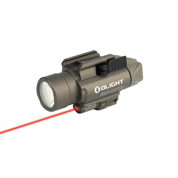 Olight tactical weapon light with an active red laser sight on a white background