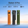 Olight Orange, Black, Green Baton 4 Pro flashlights in a row for everyday adventure