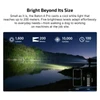 Olight Baton 4 Pro Premium Edition flashlight beam over a lake at night with specifications and size comparison.