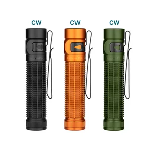 Olight Black Baton 4 Pro Premium Edition side view with patterned body and pocket clip for everyday carry