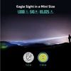 Mini flashlight with 1000 lumens, 510 meters beam, 65025 candela; size compared to a coin.