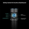 Flashlight with safety switch, intuitive dashboard, battery level indicator, and multiple light modes: turbo, high, med, low/moonlight.