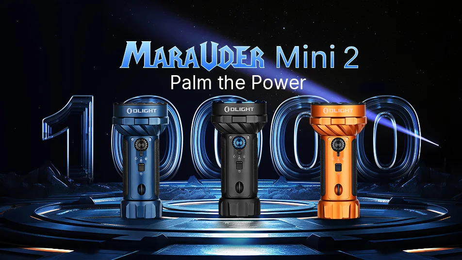 New Olight Marauder Mini 2 flashlight with 10,000 lumens, 750m throw, 7500mAh battery, IPX8 rating.
