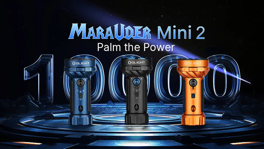New Olight Marauder Mini 2 flashlight with 10,000 lumens, 750m throw, 7500mAh battery, IPX8 rating.