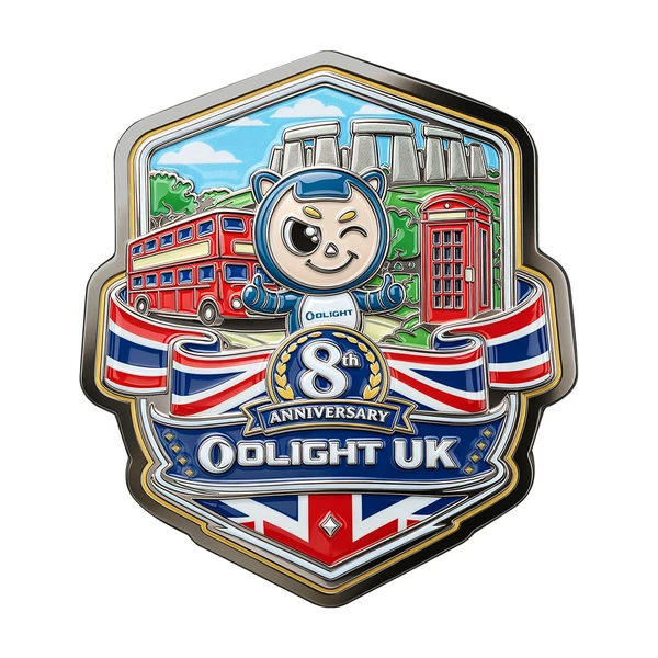 Olight UK 8th anniversary medal with mascot, double-decker bus, phone booth, Stonehenge, and Union Jack.
