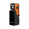 Orange Olight clip-on flashlight with three LEDs and a digital battery indicator screen on a white background