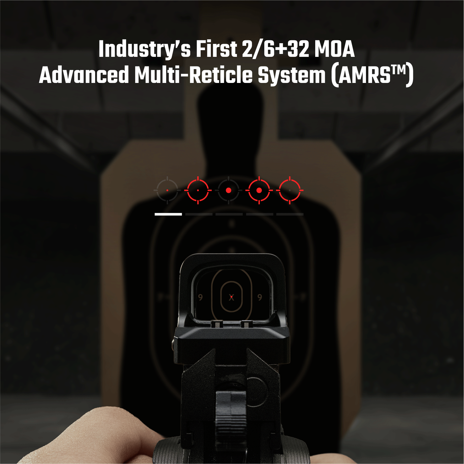 Hand gripping firearm aiming red dot sight at target, multi-reticle options above.