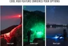 Flashlight illuminating mountains with red, green, and blue light; a fisherman by a lake with blue light.