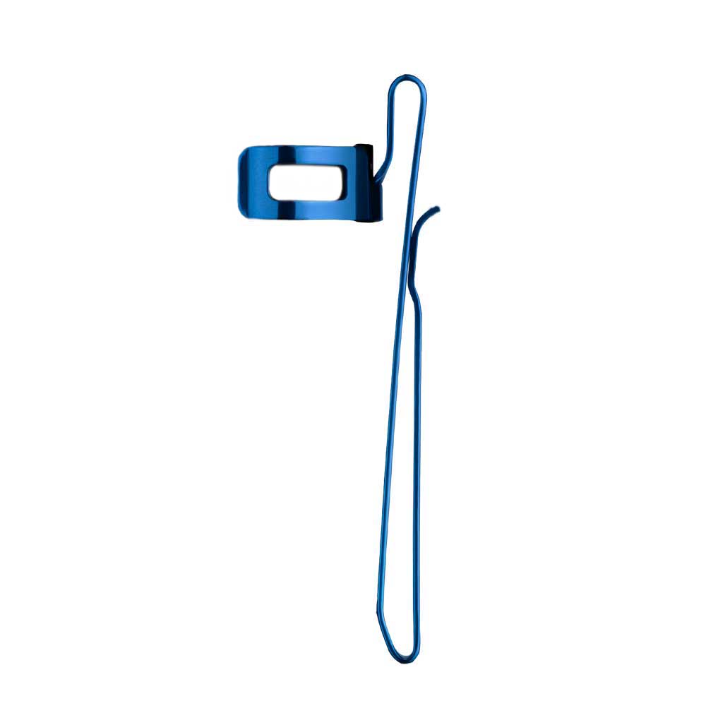 Blue metal deep carry pocket clip for flashlight isolated on white background