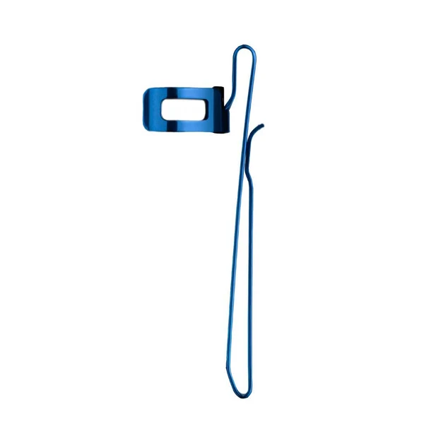 Blue metal deep carry pocket clip for flashlight isolated on white background