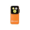 Orange Olight compact flashlight with triple LED lens on white background