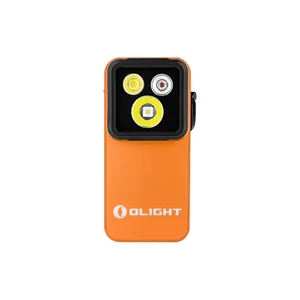 Olight orange rectangular EDC flashlight with triple LED emitters on white background