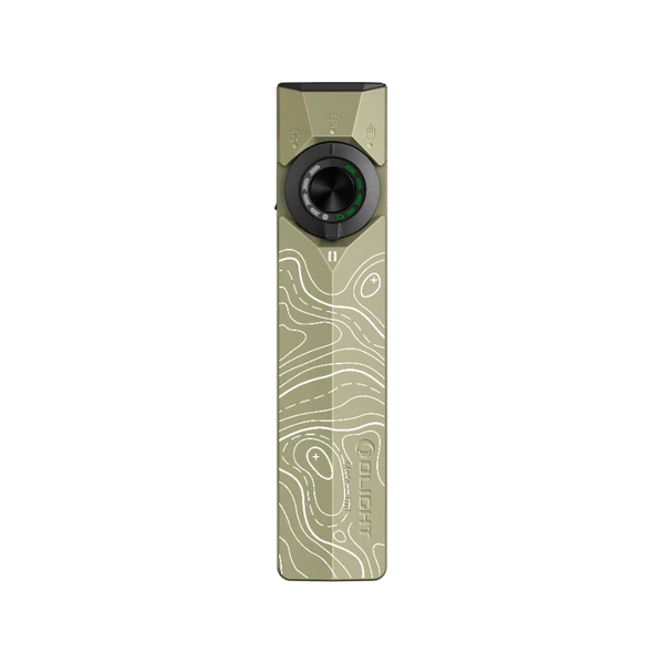 Olight Olive Green ArkPro Ultra Flat EDC Flashlight Front View with Topographic Pattern for Everyday Carry and Outdoor Use
