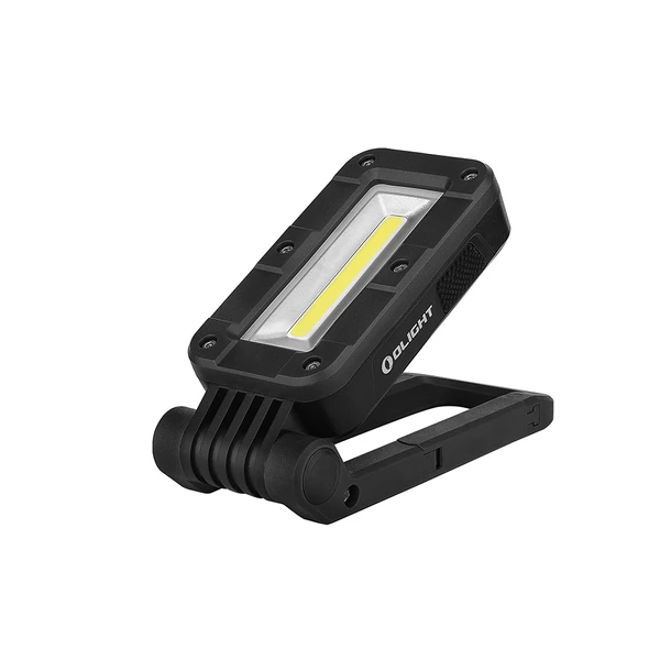 Black Olight Swivel work light, foldable stand, magnetic base, COB LED, portable, rechargeable, white background