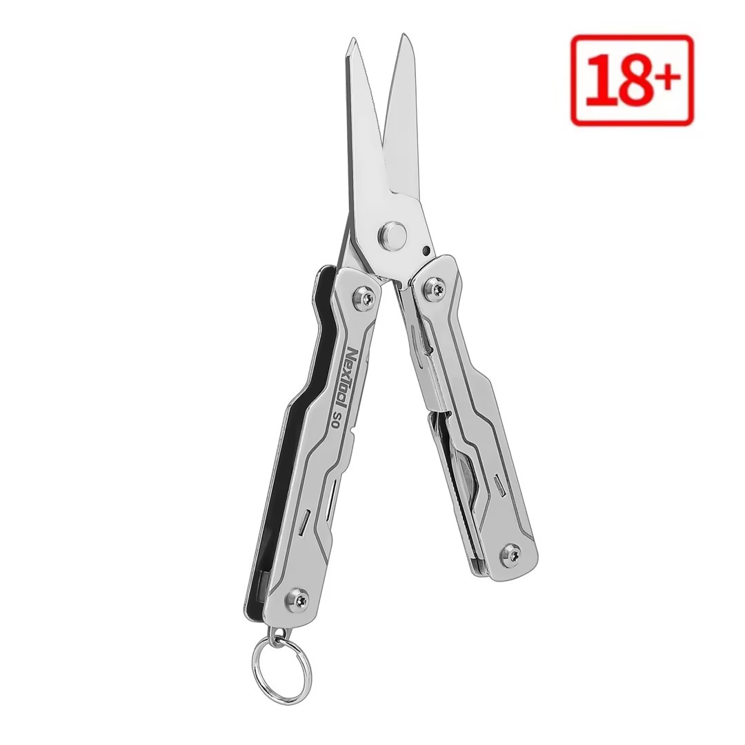 NexTool stainless steel mini multitool scissors with keychain loop isolated on white background