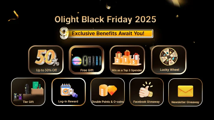 Olight Black Friday 2025: 9 exclusive benefits including 50% off, free gift, top spender, lucky wheel, tier gift, login reward, points, and giveaways.