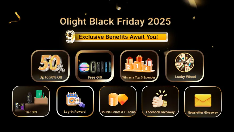 Olight Black Friday 2025: 9 exclusive benefits including 50% off, free gift, top spender, lucky wheel, tier gift, login reward, points, and giveaways.