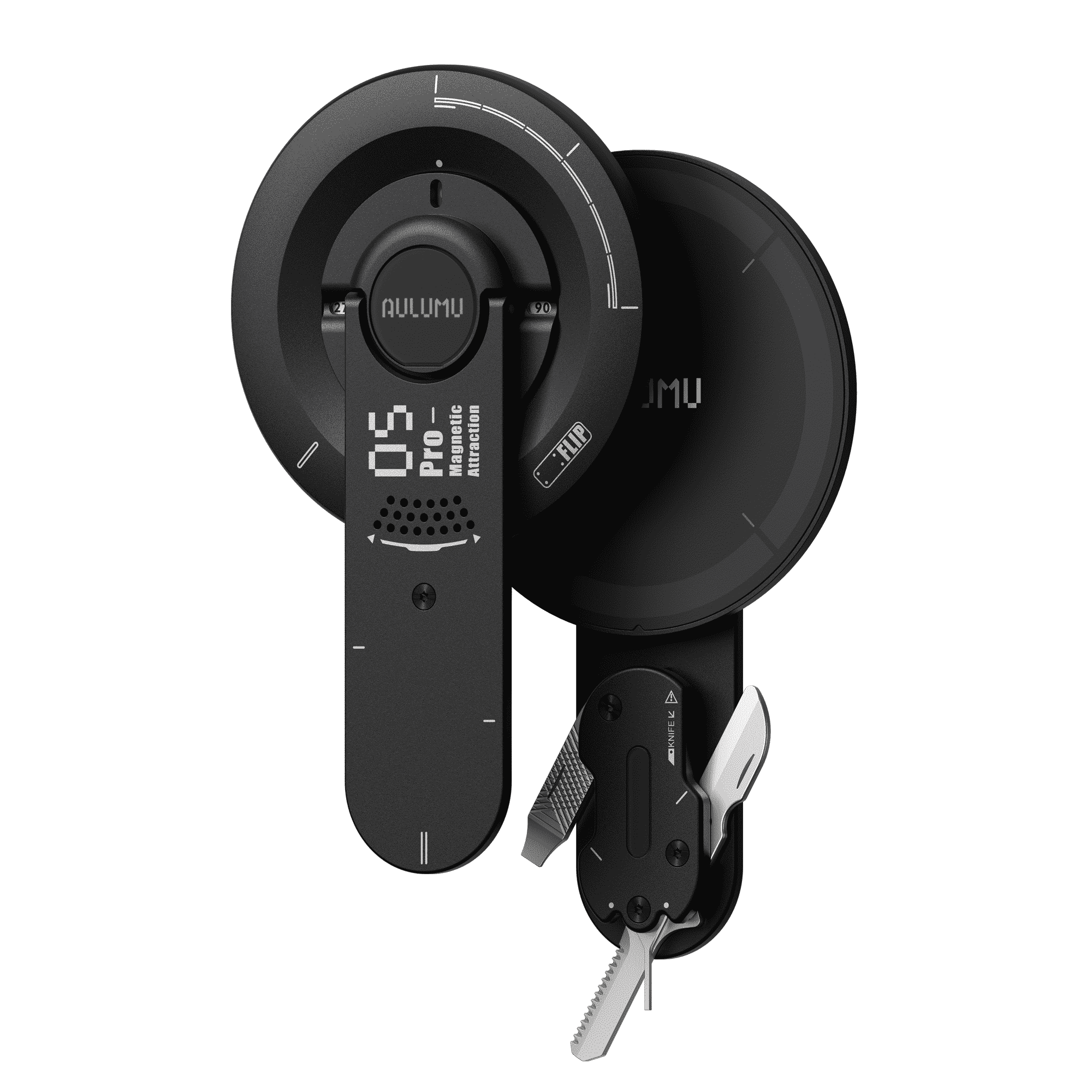 Aulumu black magnetic phone stand with integrated multi-tool pocket knife on white background