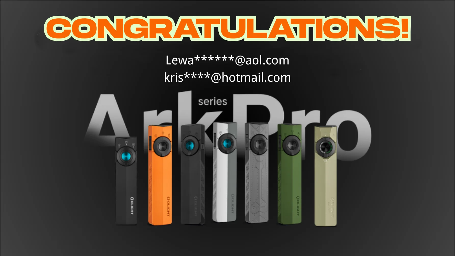 Olight ArkPro series flashlights in black, orange, white, grey, green, and tan colors.
