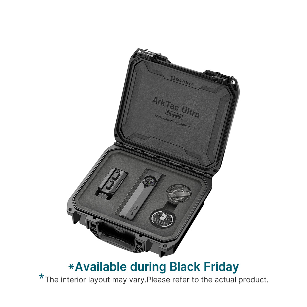 Olight ArkTac Ultra Premium tactical flashlight kit in a heavy duty protective carry case