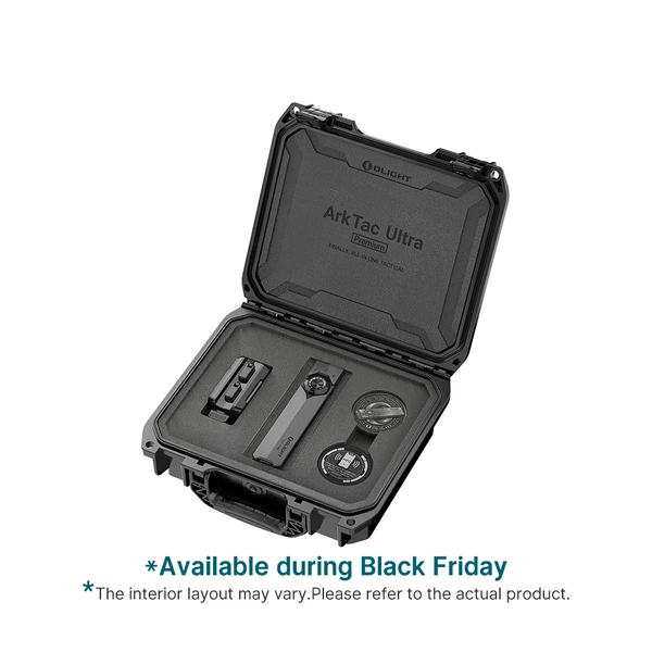 Olight ArkTac Ultra Premium tactical flashlight kit in a heavy duty protective carry case