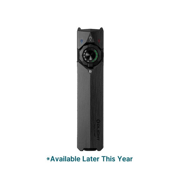 Olight black flat EDC flashlight with selector dial and battery indicator on white background