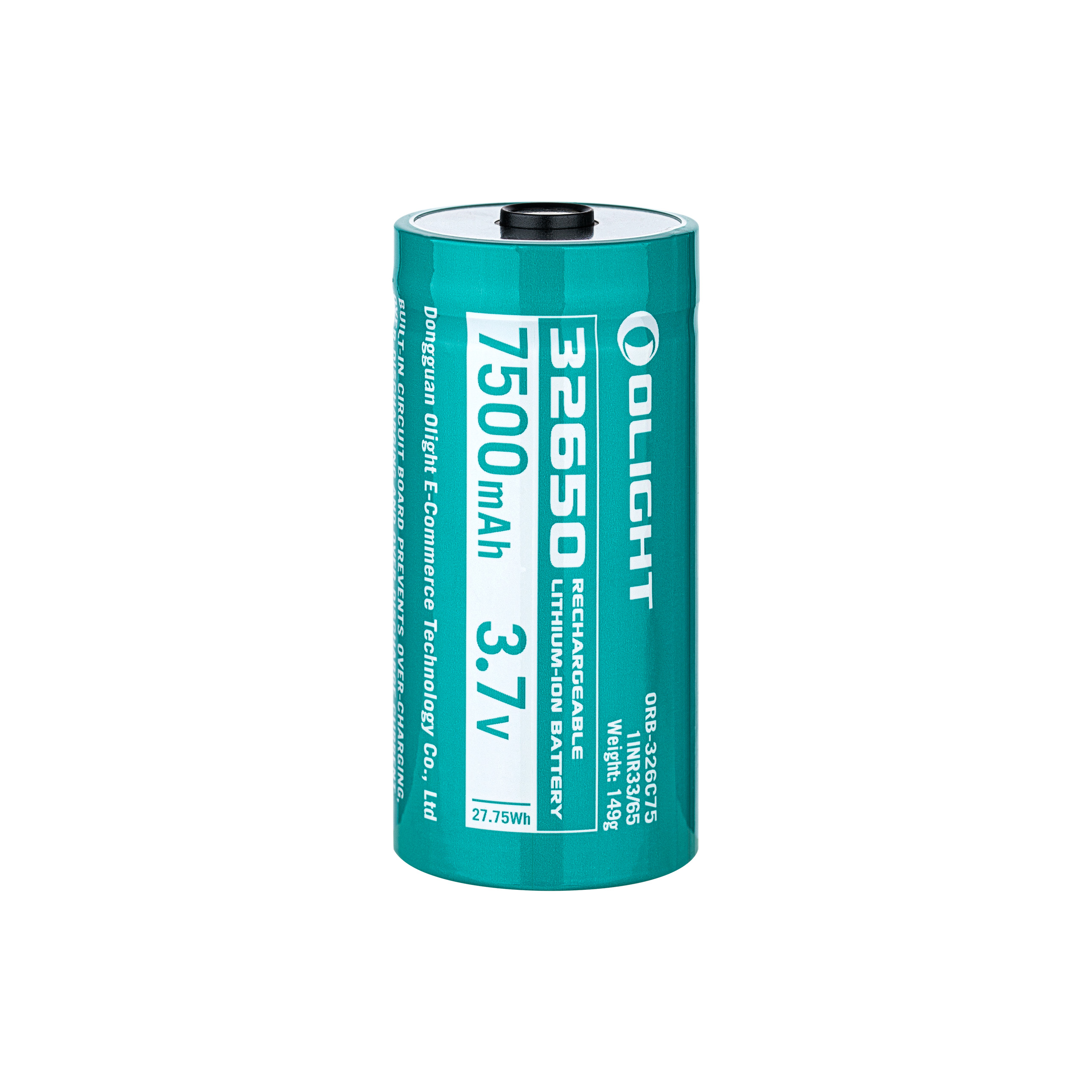 Olight 32650 7500mAh 3.7V rechargeable lithium-ion battery with built-in over-charging prevention circuit.