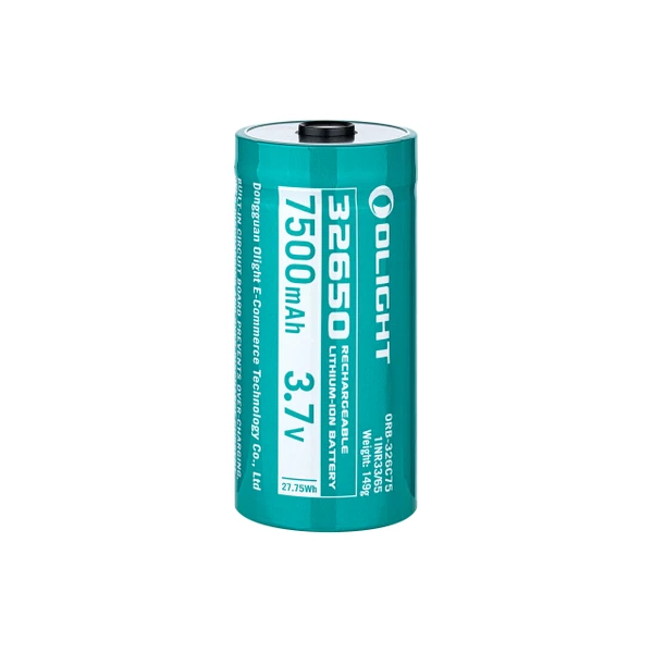 Olight 32650 7500mAh 3.7V rechargeable lithium-ion battery with built-in over-charging prevention circuit.