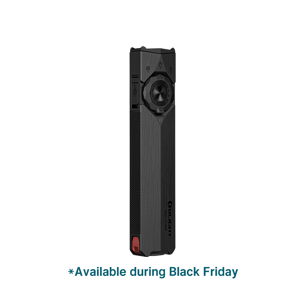 Olight sleek black rectangular EDC flashlight with dial switch and textured grip for Black Friday sale