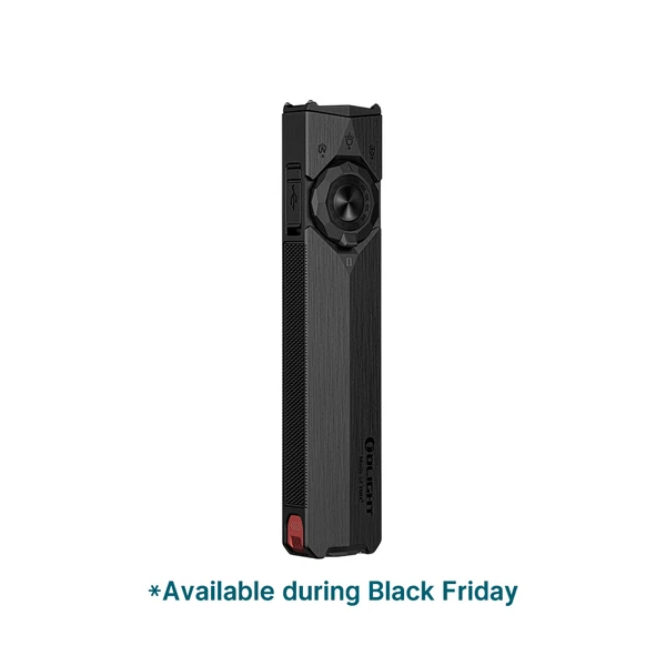 Olight sleek black rectangular EDC flashlight with dial switch and textured grip for Black Friday sale
