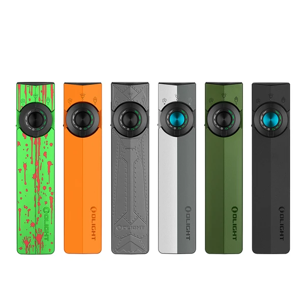 Olight Black ArkPro Protable EDC Light Top-Down View with Blue Rotary Knob and Light/UV Icons for Everyday Carry and Illumination