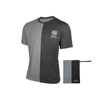 Half-gray, half-black tee with white logo. It's next to a matching folded pouch with pull-tab.