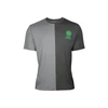 Two-tone gray t-shirt with a green graphic logo and text on the right side, "Rethink Light, Reimagine Style"