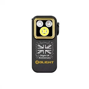 Olight black Oclip Pro, front view with UK flag pattern, for everyday carry and task lighting