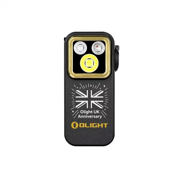 Olight black Oclip Pro, front view with UK flag pattern, for everyday carry and task lighting