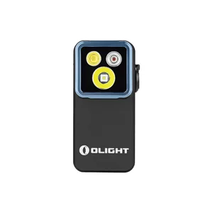 Olight compact black EDC flashlight with triple LED emitters on white background