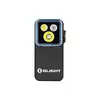 Olight compact black EDC flashlight with triple LED emitters and light blue bezel isolated on white background